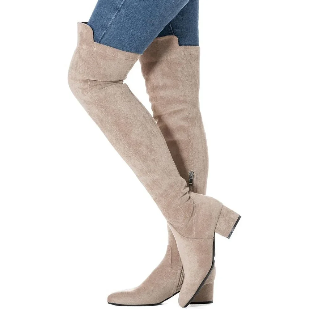 Women Beige\2 Ihch Suede Over the Knee Thigh High Chunky Block Heel Boots